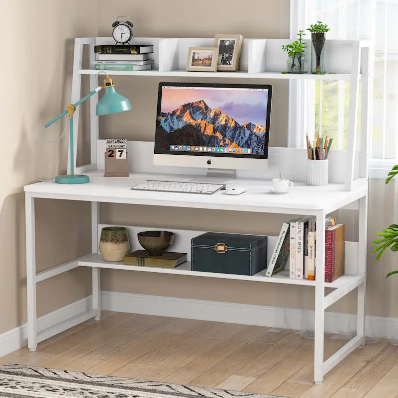 Bureau d'ordinateur avec étagère et bibliothèque intégrées, bureau pour bureau à domicile, table d'étude et d'écriture