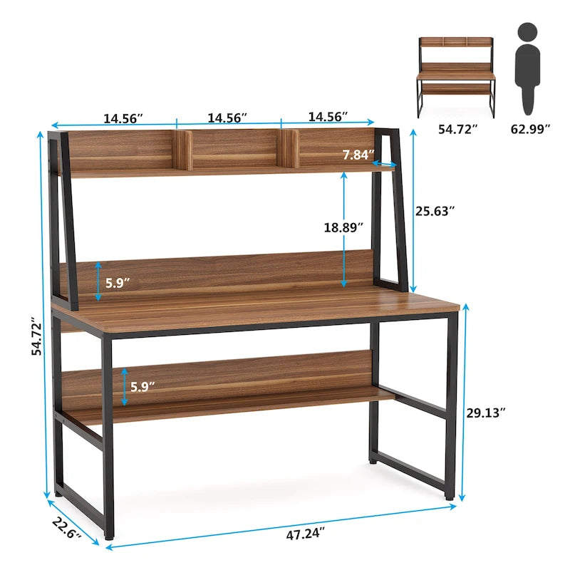 Bureau d'ordinateur avec étagère et bibliothèque intégrées, bureau pour bureau à domicile, table d'étude et d'écriture