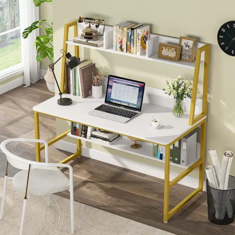 Bureau d'ordinateur avec étagère et bibliothèque intégrées, bureau pour bureau à domicile, table d'étude et d'écriture