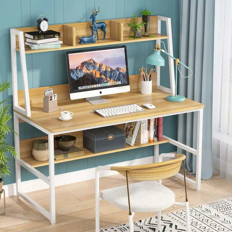 Bureau d'ordinateur avec étagère et bibliothèque intégrées, bureau pour bureau à domicile, table d'étude et d'écriture