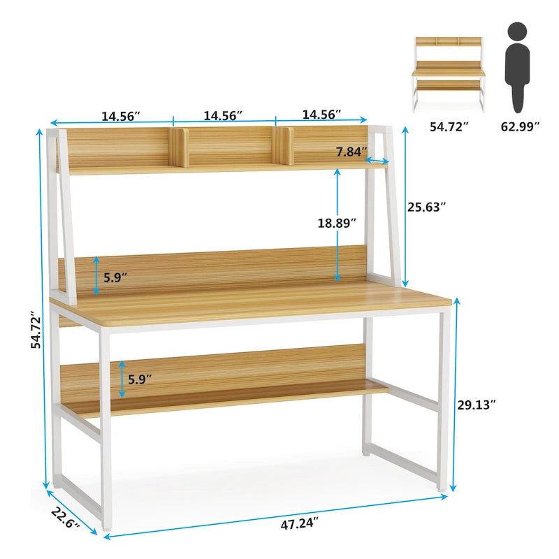 Bureau d'ordinateur avec étagère et bibliothèque intégrées, bureau pour bureau à domicile, table d'étude et d'écriture