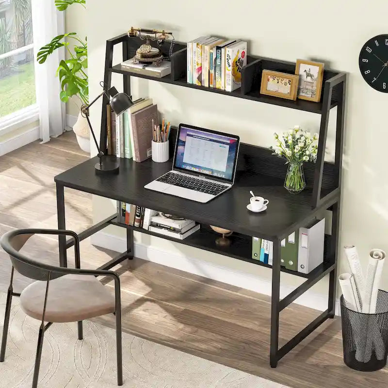 Bureau d'ordinateur avec étagère et bibliothèque intégrées, bureau pour bureau à domicile, table d'étude et d'écriture