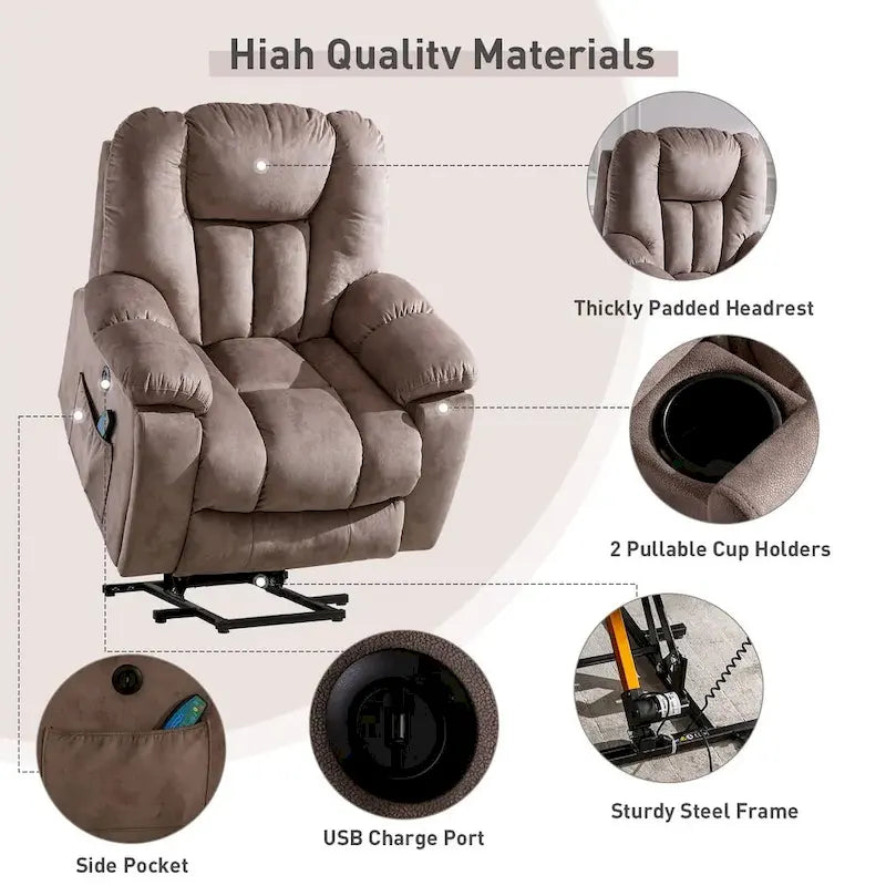 Fauteuil releveur électrique surdimensionné avec fonction massage et chauffage, doté de 2 porte-gobelets dissimulés pour personnes âgées