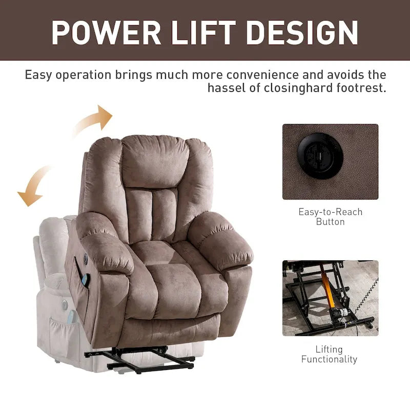 Fauteuil releveur électrique surdimensionné avec fonction massage et chauffage, doté de 2 porte-gobelets dissimulés pour personnes âgées