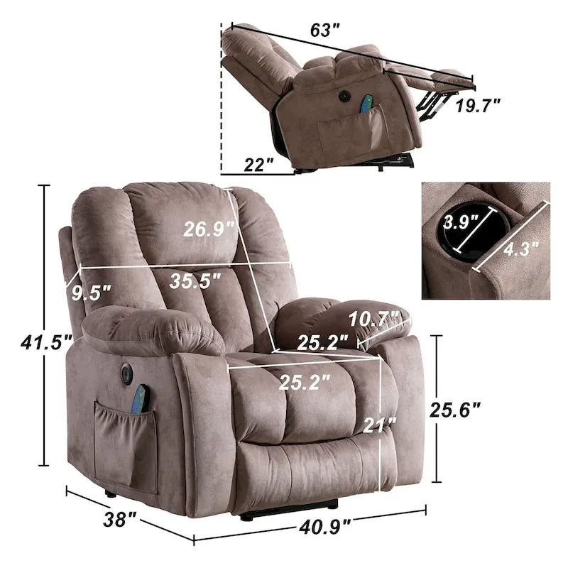Fauteuil releveur électrique surdimensionné avec fonction massage et chauffage, doté de 2 porte-gobelets dissimulés pour personnes âgées