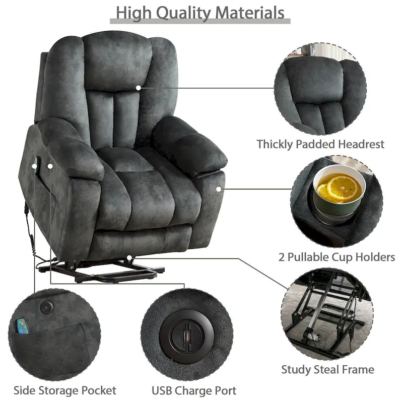 Fauteuil releveur électrique surdimensionné avec fonction massage et chauffage, doté de 2 porte-gobelets dissimulés pour personnes âgées