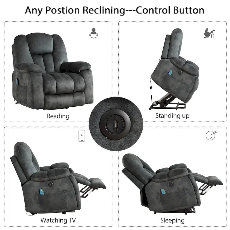 Fauteuil releveur électrique surdimensionné avec fonction massage et chauffage, doté de 2 porte-gobelets dissimulés pour personnes âgées