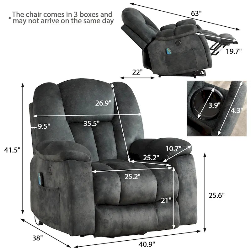 Fauteuil releveur électrique surdimensionné avec fonction massage et chauffage, doté de 2 porte-gobelets dissimulés pour personnes âgées