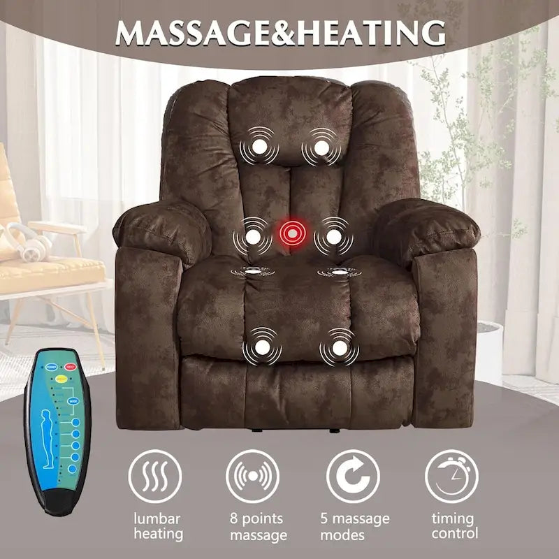 Fauteuil releveur électrique surdimensionné avec fonction massage et chauffage, doté de 2 porte-gobelets dissimulés pour personnes âgées