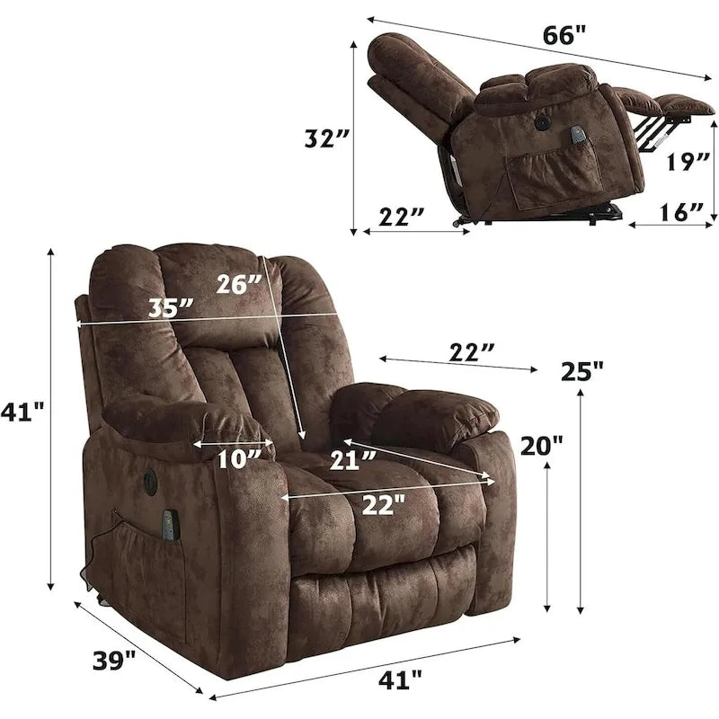 Fauteuil releveur électrique surdimensionné avec fonction massage et chauffage, doté de 2 porte-gobelets dissimulés pour personnes âgées