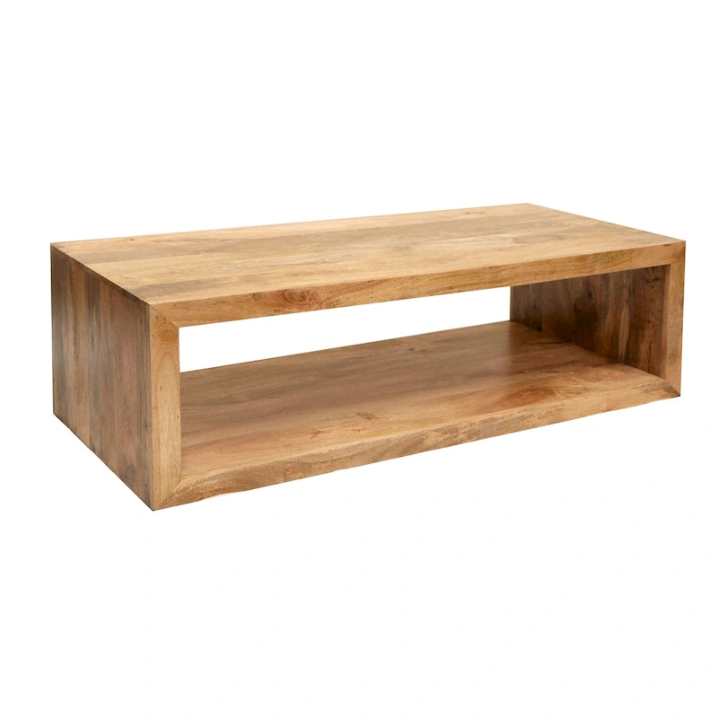 Table basse Keli 58 pouces en bois de manguier, cube ouvert, 1 étagère, marron naturel