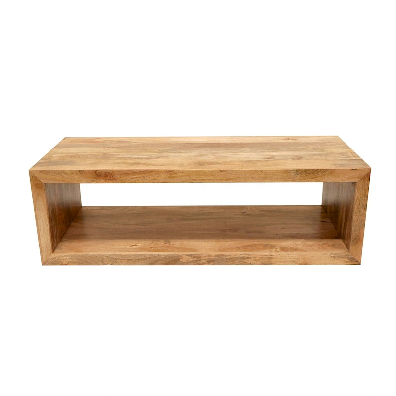 Table basse Keli 58 pouces en bois de manguier, cube ouvert, 1 étagère, marron naturel