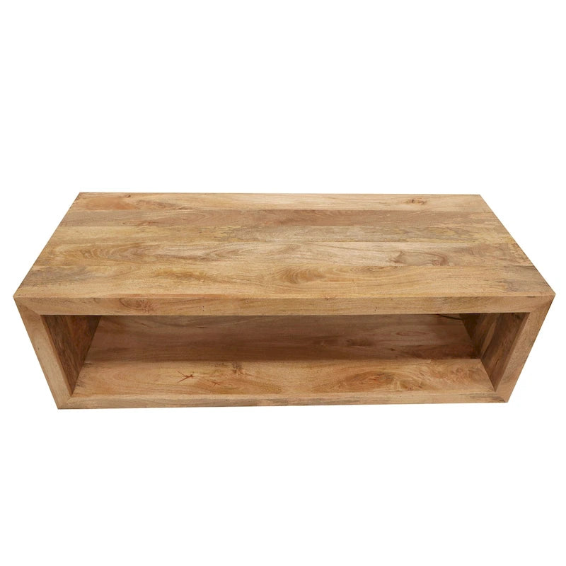 Table basse Keli 58 pouces en bois de manguier, cube ouvert, 1 étagère, marron naturel