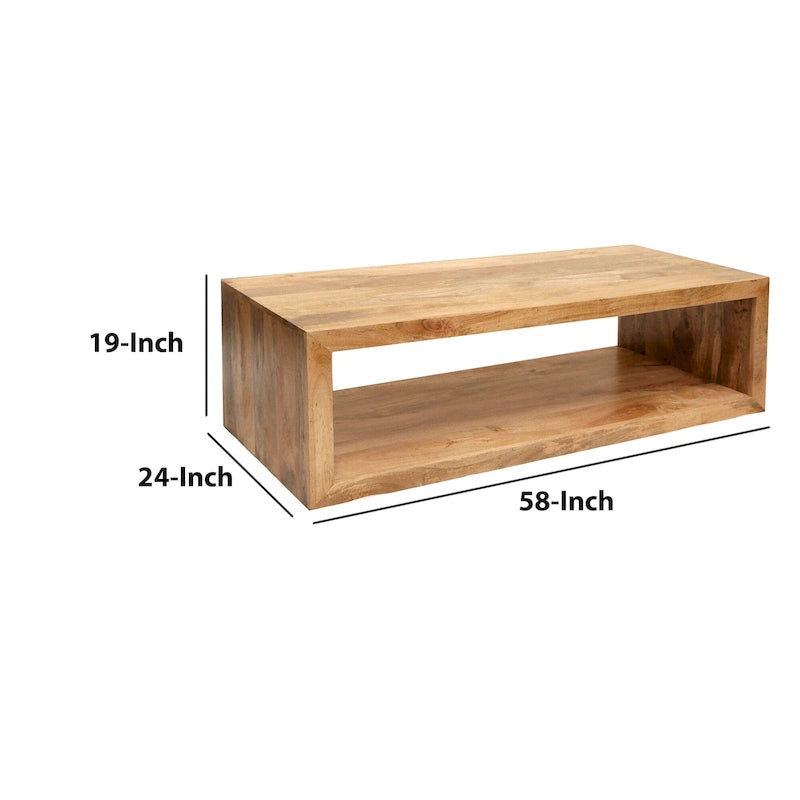 Table basse Keli 58 pouces en bois de manguier, cube ouvert, 1 étagère, marron naturel