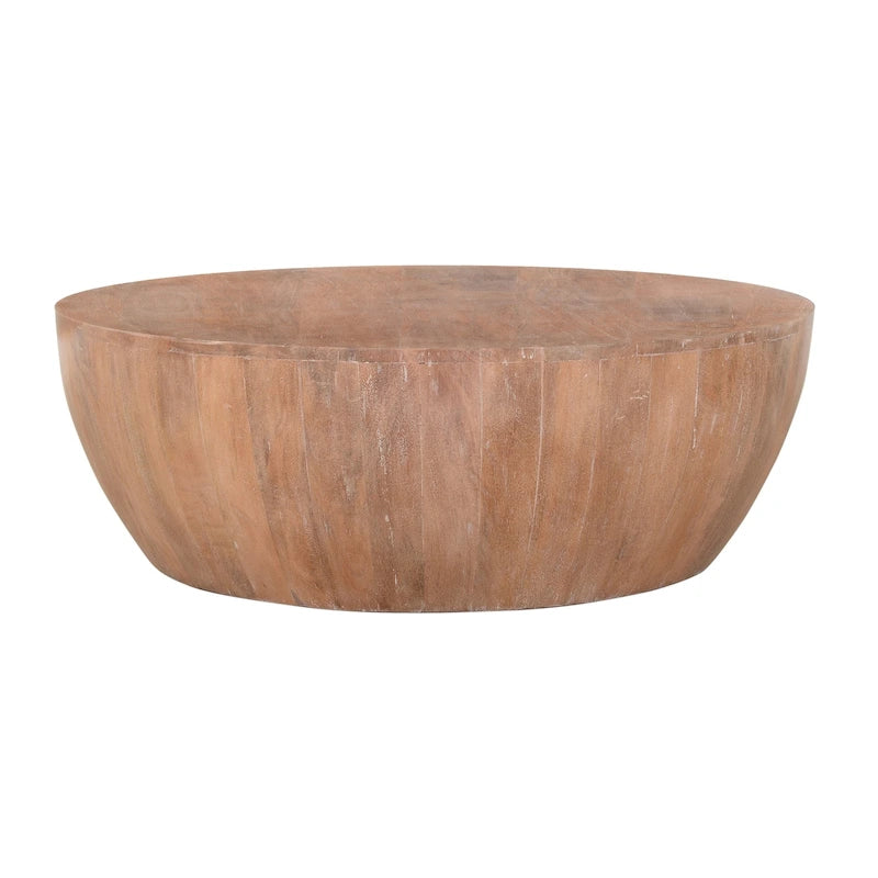 Table basse Arthur en bois en forme de tambour avec piètement à lattes, marron vieilli