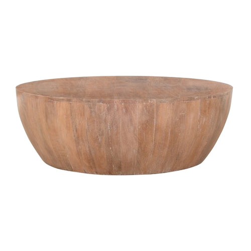 Table basse Arthur en bois en forme de tambour avec piètement à lattes, marron vieilli