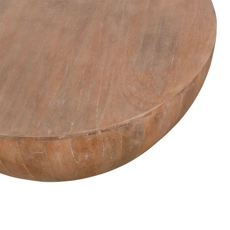 Table basse Arthur en bois en forme de tambour avec piètement à lattes, marron vieilli