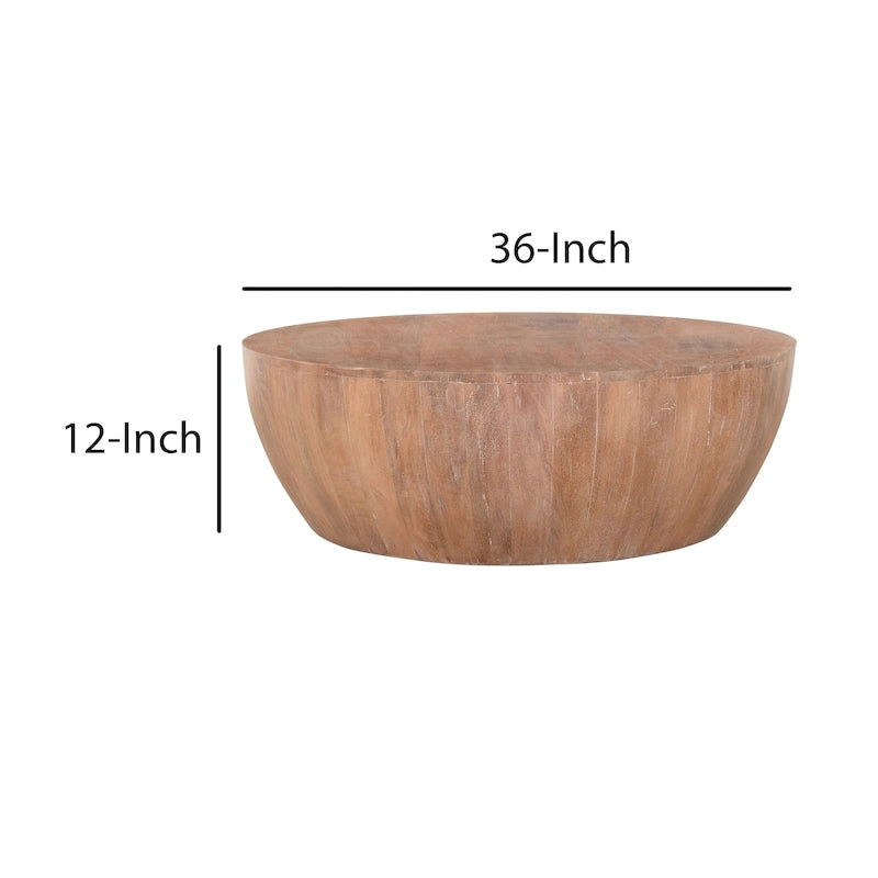 Table basse Arthur en bois en forme de tambour avec piètement à lattes, marron vieilli