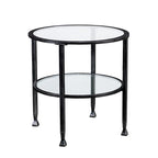Table d'appoint ronde Glenn de SEI Furniture, en métal noir vieilli, avec plateau en verre et étagère.