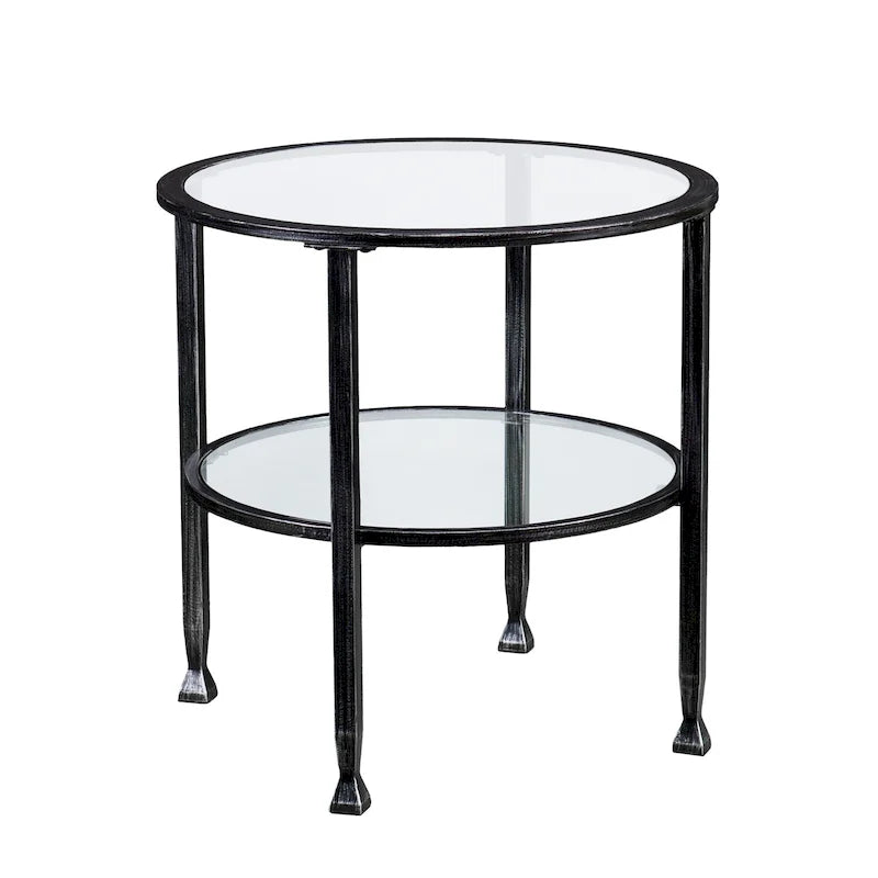 Table d'appoint ronde Glenn de SEI Furniture, en métal noir vieilli, avec plateau en verre et étagère.