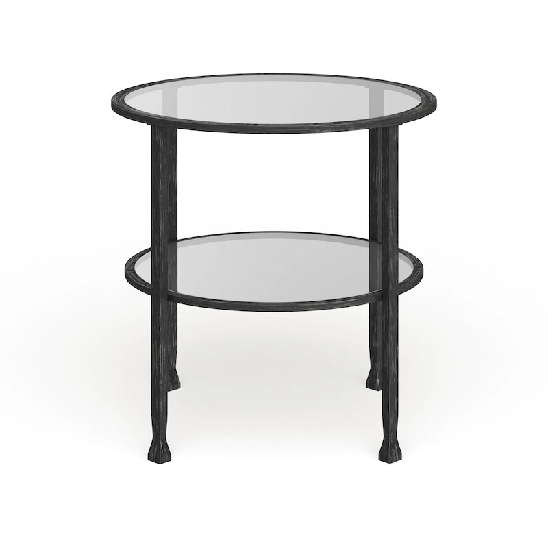 Table d'appoint ronde Glenn de SEI Furniture, en métal noir vieilli, avec plateau en verre et étagère.