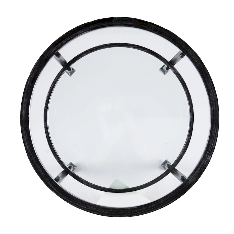 Table d'appoint ronde Glenn de SEI Furniture, en métal noir vieilli, avec plateau en verre et étagère.