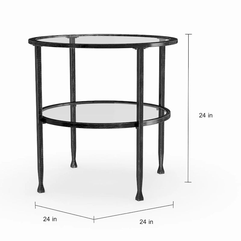 Table d'appoint ronde Glenn de SEI Furniture, en métal noir vieilli, avec plateau en verre et étagère.
