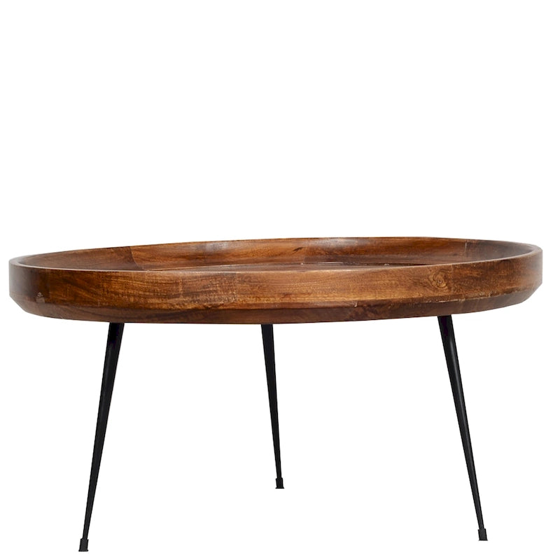 Table basse ronde Gia en bois de manguier avec pieds en métal évasés, marron et noir