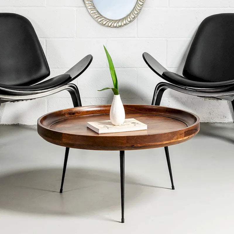 Table basse ronde Gia en bois de manguier avec pieds en métal évasés, marron et noir