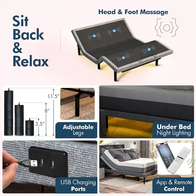 Sommier articulé Renanim avec double massage - USB, éclairage sous le lit, position zéro gravité, contrôle par application, inclinaison de la tête et des pieds