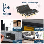 Sommier articulé Renanim avec double massage - USB, éclairage sous le lit, position zéro gravité, contrôle par application, inclinaison de la tête et des pieds