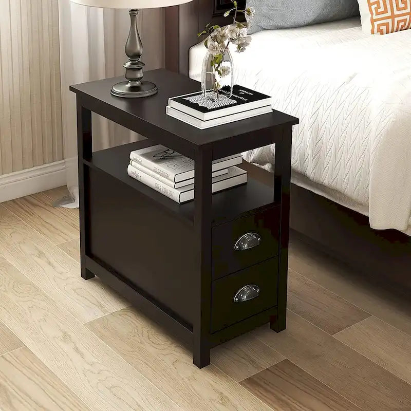 Table d'appoint étroite de style rustique pour salon ou chambre, avec 2 tiroirs et 1 étagère ouverte, idéale pour les petits espaces.