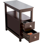 Table d'appoint étroite de style rustique pour salon ou chambre, avec 2 tiroirs et 1 étagère ouverte, idéale pour les petits espaces.