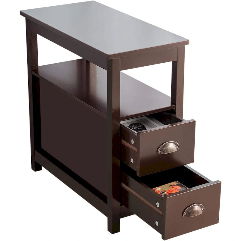 Table d'appoint étroite de style rustique pour salon ou chambre, avec 2 tiroirs et 1 étagère ouverte, idéale pour les petits espaces.