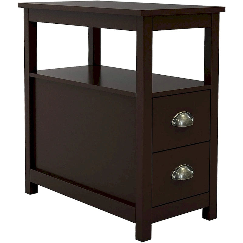 Table d'appoint étroite de style rustique pour salon ou chambre, avec 2 tiroirs et 1 étagère ouverte, idéale pour les petits espaces.