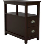 Table d'appoint étroite de style rustique pour salon ou chambre, avec 2 tiroirs et 1 étagère ouverte, idéale pour les petits espaces.