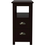 Table d'appoint étroite de style rustique pour salon ou chambre, avec 2 tiroirs et 1 étagère ouverte, idéale pour les petits espaces.