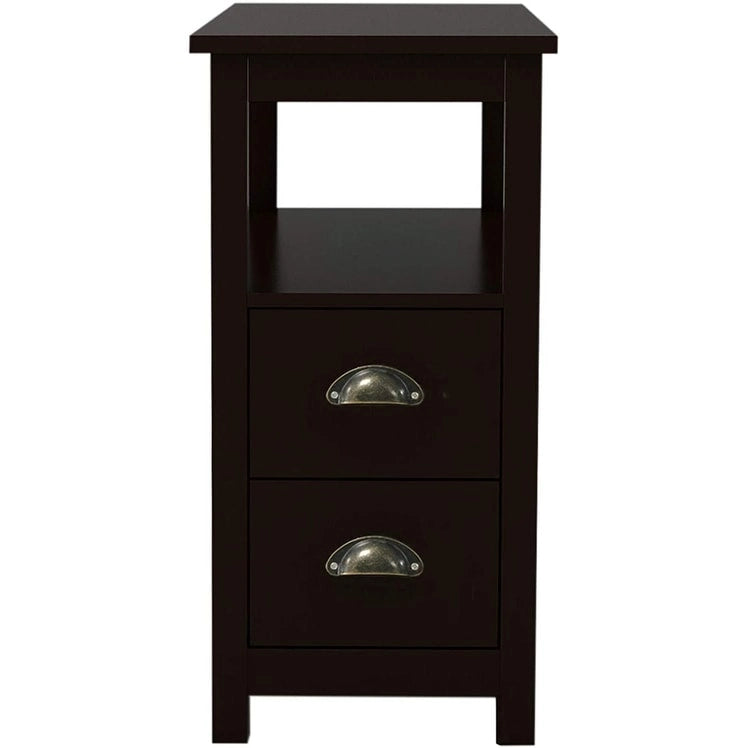 Table d'appoint étroite de style rustique pour salon ou chambre, avec 2 tiroirs et 1 étagère ouverte, idéale pour les petits espaces.