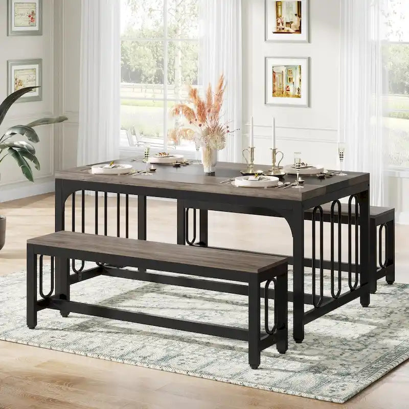 Table de cuisine de 140 cm avec 2 bancs, ensemble table et chaises pour 4 à 6 personnes