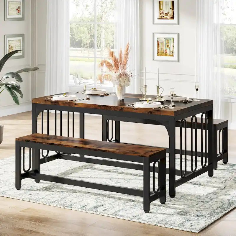 Table de cuisine de 140 cm avec 2 bancs, ensemble table et chaises pour 4 à 6 personnes