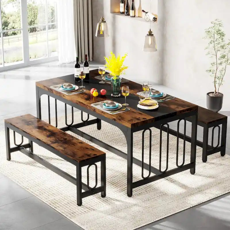 Table de cuisine de 140 cm avec 2 bancs, ensemble table et chaises pour 4 à 6 personnes