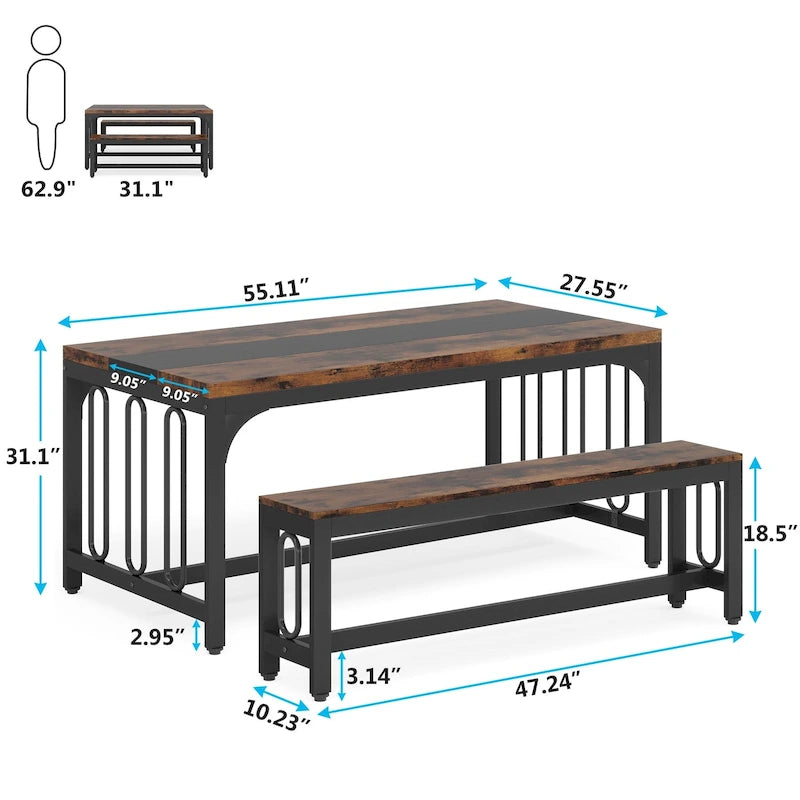 Table de cuisine de 140 cm avec 2 bancs, ensemble table et chaises pour 4 à 6 personnes