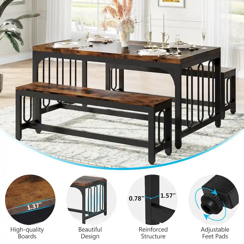 Table de cuisine de 140 cm avec 2 bancs, ensemble table et chaises pour 4 à 6 personnes