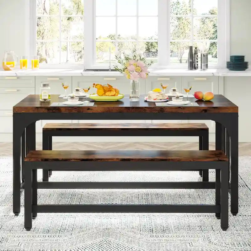 Table de cuisine de 140 cm avec 2 bancs, ensemble table et chaises pour 4 à 6 personnes