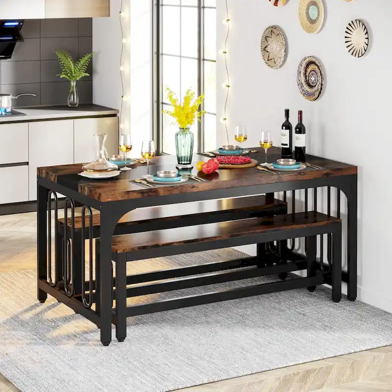 Table de cuisine de 140 cm avec 2 bancs, ensemble table et chaises pour 4 à 6 personnes