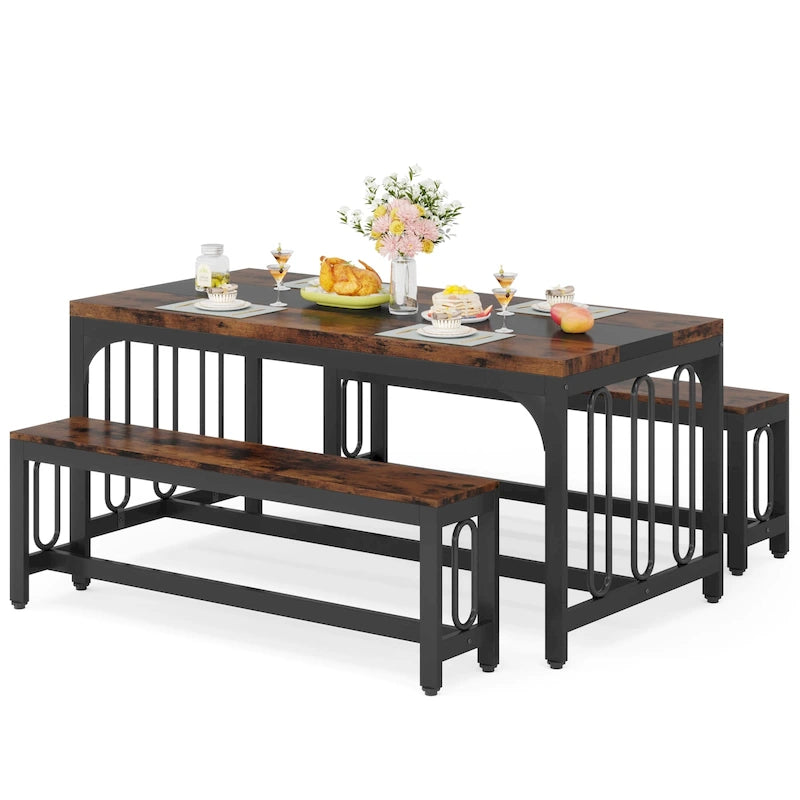 Table de cuisine de 140 cm avec 2 bancs, ensemble table et chaises pour 4 à 6 personnes