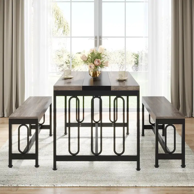 Table de cuisine de 140 cm avec 2 bancs, ensemble table et chaises pour 4 à 6 personnes