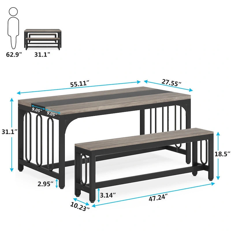Table de cuisine de 140 cm avec 2 bancs, ensemble table et chaises pour 4 à 6 personnes