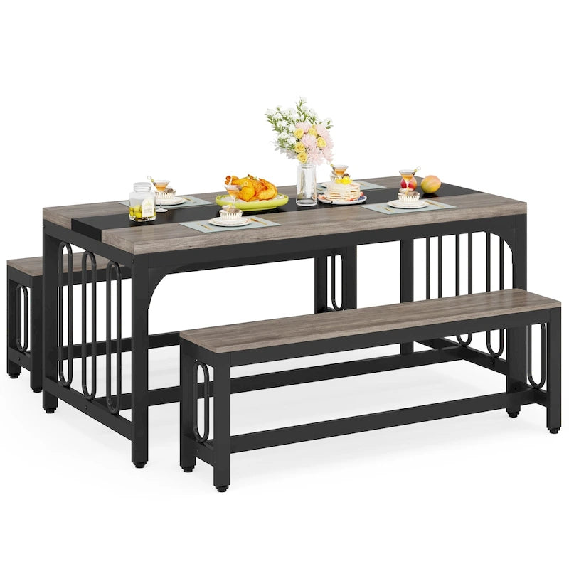Table de cuisine de 140 cm avec 2 bancs, ensemble table et chaises pour 4 à 6 personnes