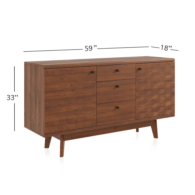 Buffet/meuble TV scandinave Living Skog avec tiroirs et pieds en bois pour téléviseurs jusqu'à 65 pouces.